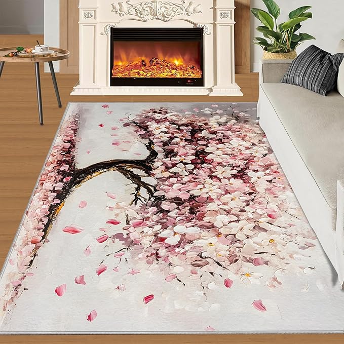 Graffiti Tree Washable Rugs 3x5 Rug for Living Room, Pink Petals 3x5 Rug Oil Painting Art Low-Pile Carpet for Bedroom Dining Non Slip Mat with Rubber Back