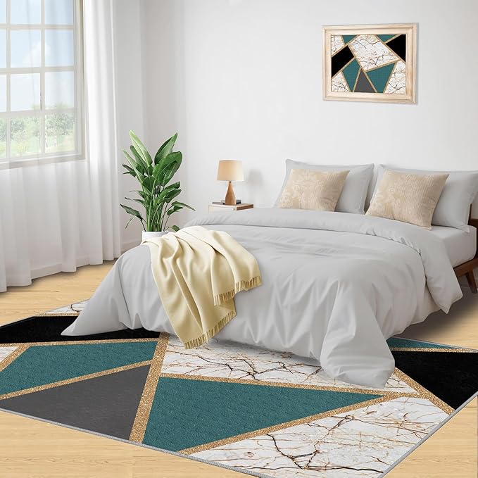 Emerald Green Marble Rug Modern Geometric Marble Area Rugs Light Luxury Geometric Striped Carpet Vintage Stone Crack Rug for Bedroom Living Room 4x5ft