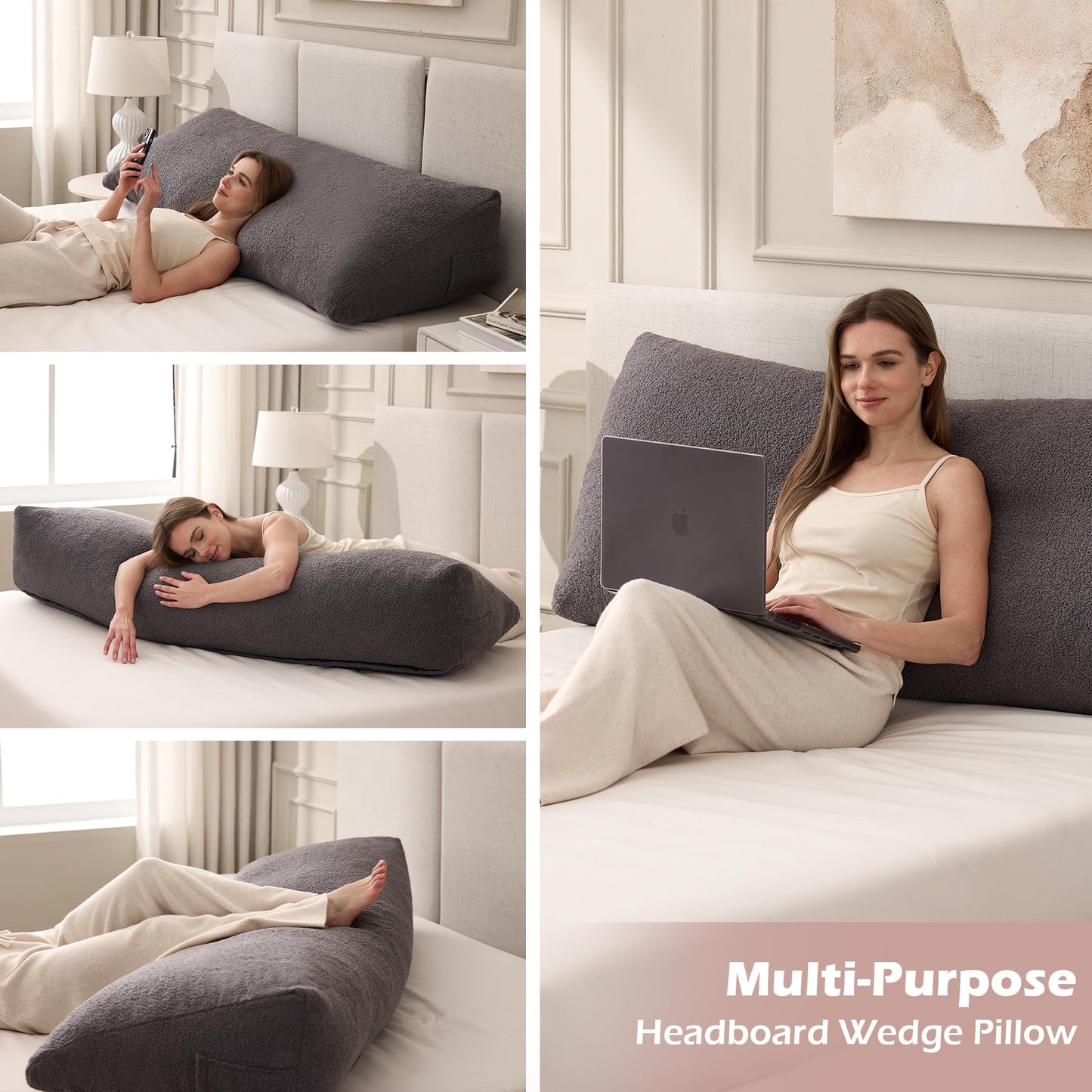 MuaMelop Headboard Pillow Queen, Triangle Bed Wedge Pillow for Headboard, Backrest Pillow for Sitting up, Reading, Working, Headboard Daybed Pillow with Removable Cover for Bed, Dorm Sofa, Dark Grey
