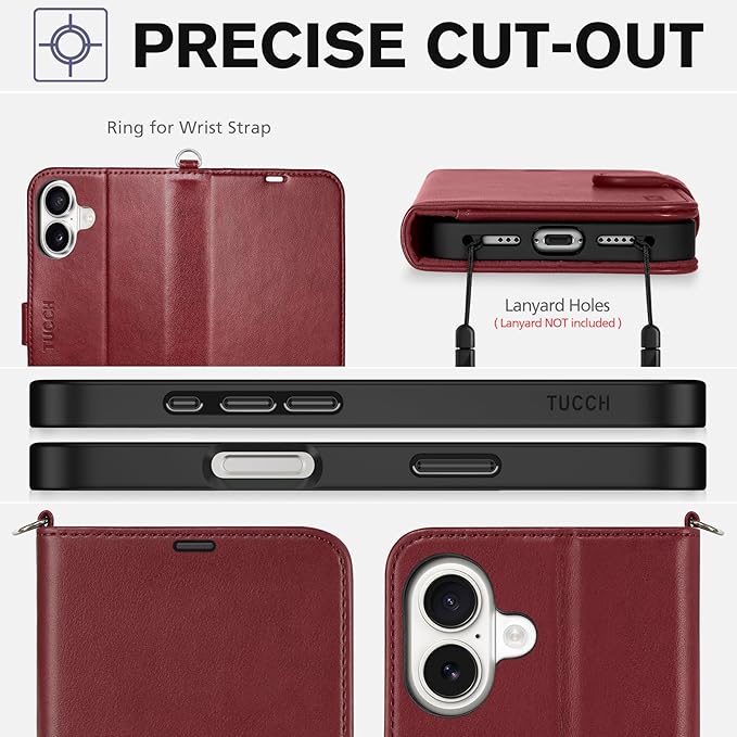 TUCCH Case Wallet for iPhone 17 (6.3-Inch) 2025, Wrist Strap | Stand | RFID Blocking | 4 Card Holders | TPU Shockproof Inner Shell | PU Leather | Magnetic Folio Cover | Dark Red