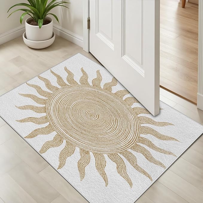 Boho Washable Rugs for Bedroom 2x3, Modern Sun Print Soft Minimalism Area Rug, Non Slip Low Pile Abstract Carpet for Classroom Living Room Decor Dining Room Sofa Kids Nursery Room, Beige Yellow