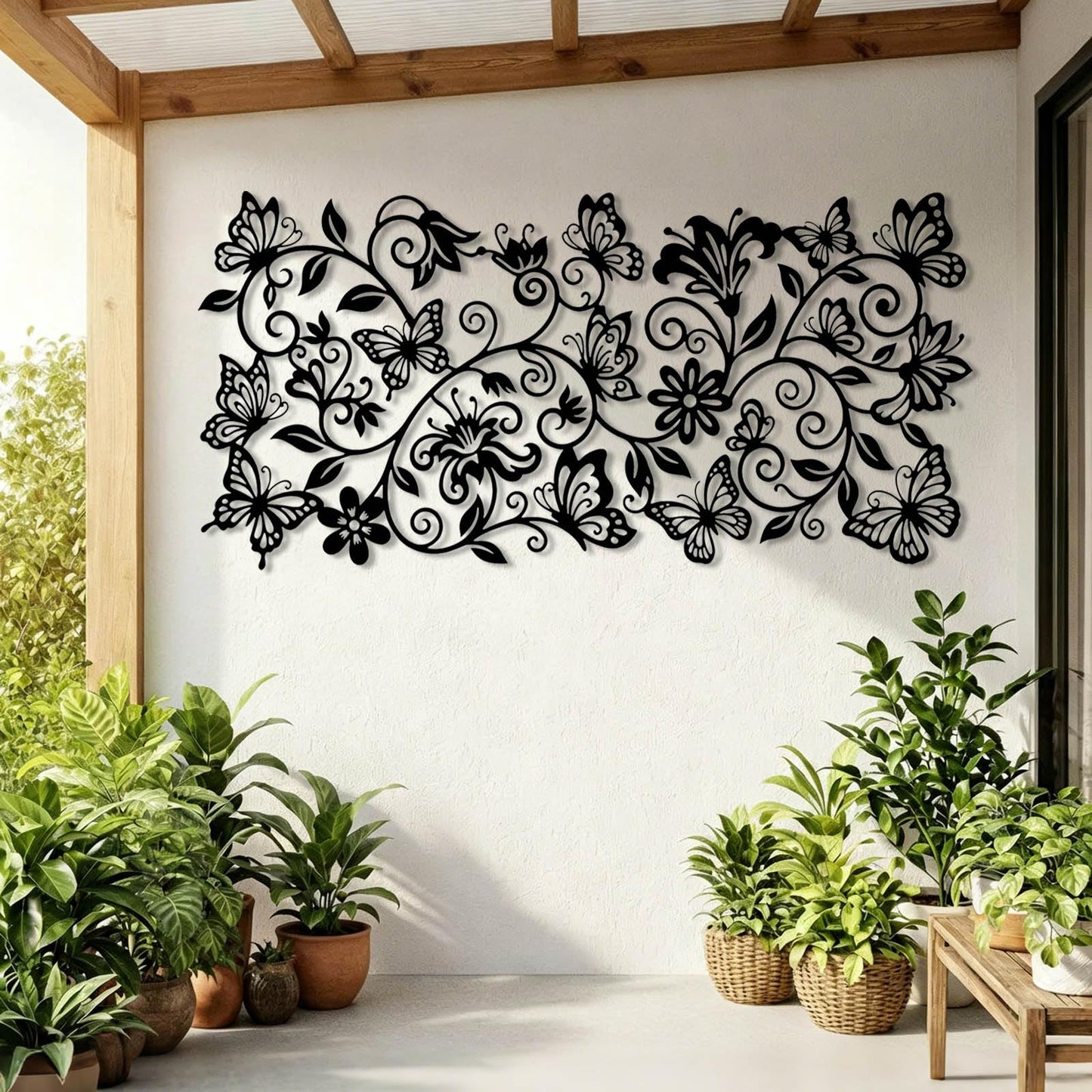 Cobomv Butterfly Floral Metal Wall Art, Butterfly with Flowers Metal Wall Decor, Boho Wall Art, Butterflies Decoration, Nature Home Decor for Living Room, Outdoor, Garden (Silver, 19"x9"/47x23cm)