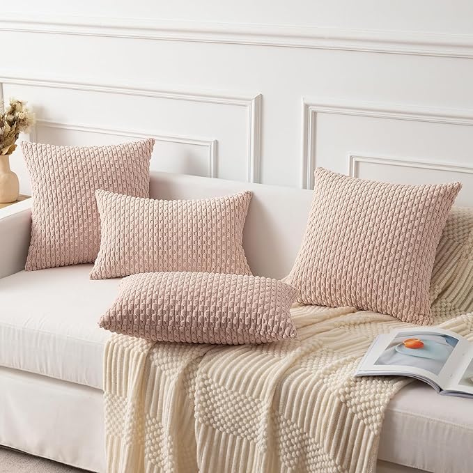Kevin Textile 2 Packs Light Pink Decorative Throw Pillow Covers 16x16 Inch for Living Room Couch Bed Sofa Valentines Day Gifts Soft Striped Corduroy Square Cushion Case Farmhouse Boho Home Decor