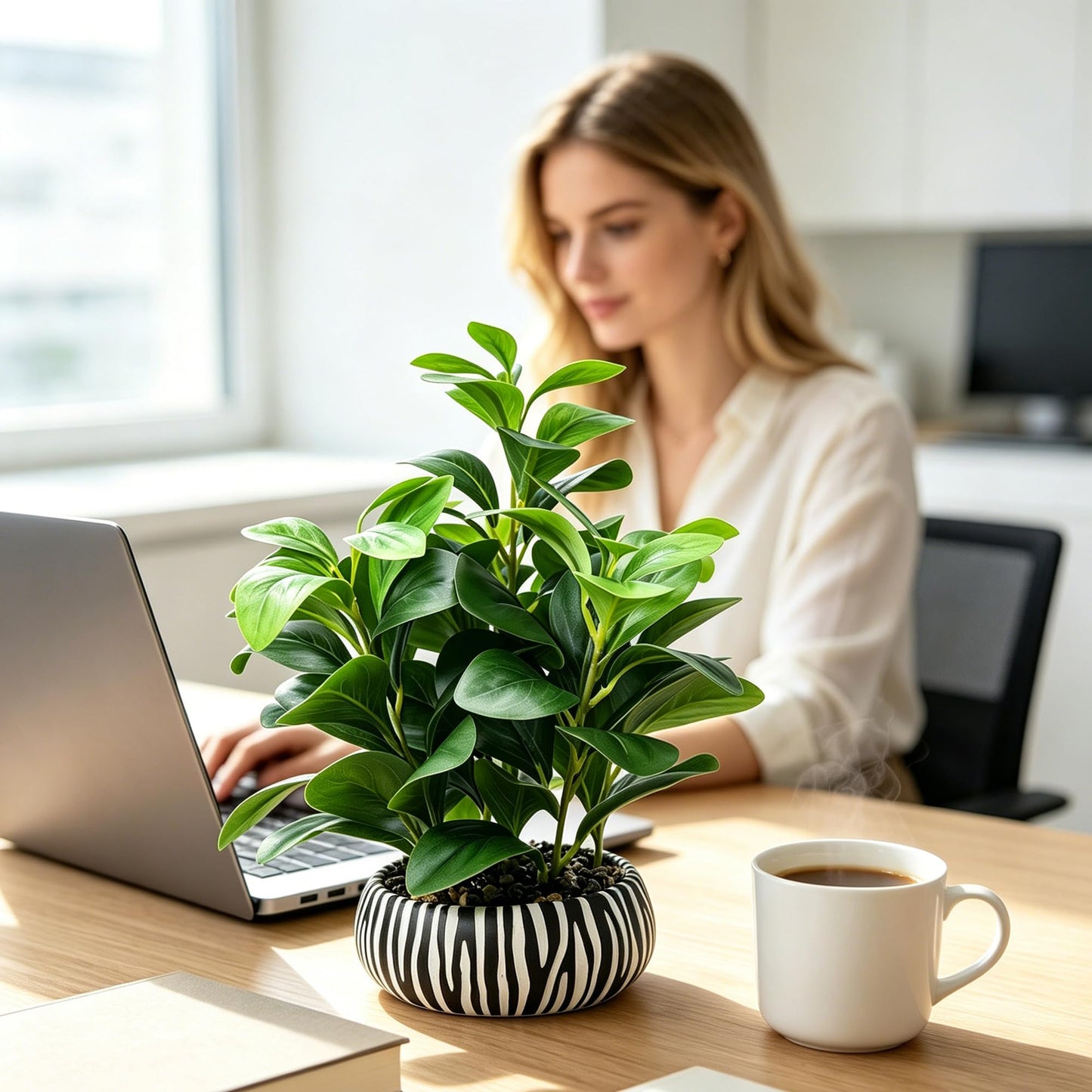 NASAMA Realistic Artificial Potted Plant, Faux Indoor Greenery for Home Office Living Room Bookshelf Bathroom Decor, Low-Maintenance Space-Saving Fake Plants with Modern Decorative Vase