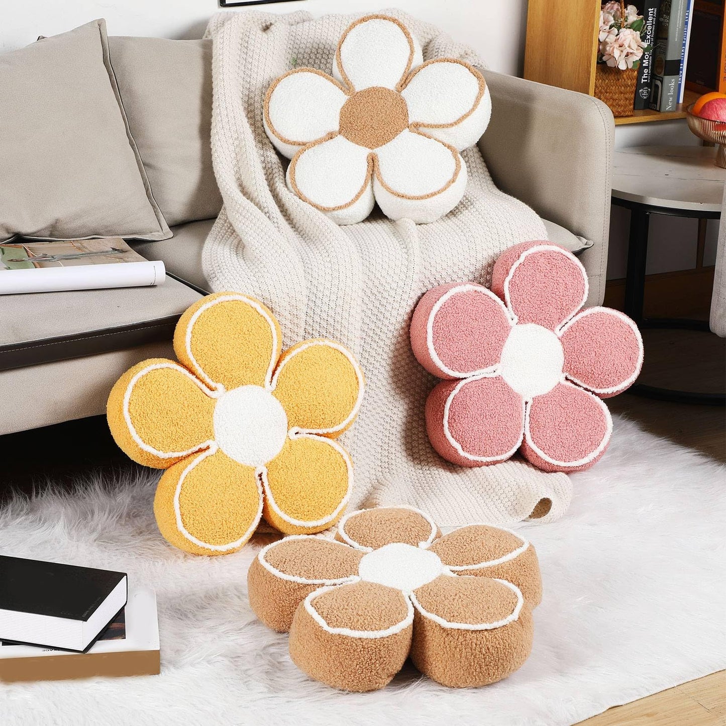 Menkxi 2 Pack Flower Pillows Cute Flower Shaped Pillows Daisy Pillow Throw Soft Floor Cushion for Living Room Bedroom Sofa Couch Winter Warm Decoration 15.7 Inch(Yellow)
