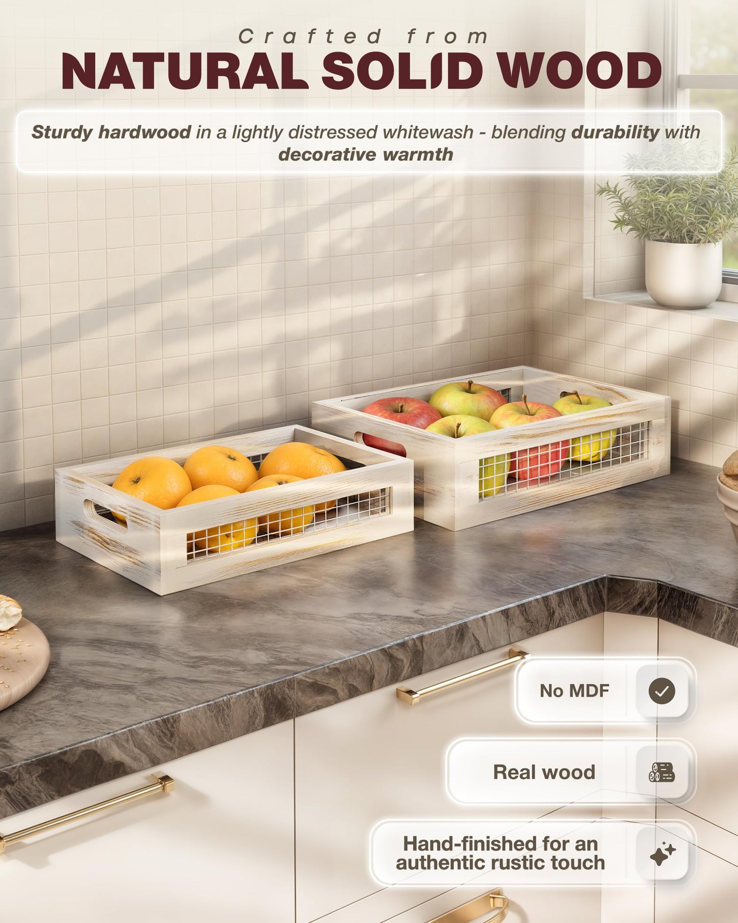 NAGAWOOD Wooden Countertop Baskets Set of 2 for Kitchen, Bathroom, Pantry|Wall Mount Upgrade with Full Accessories| Rustic Nesting Boxes|Wooden Organizer Crates for Fruit, Vegetables, Produce, Bread