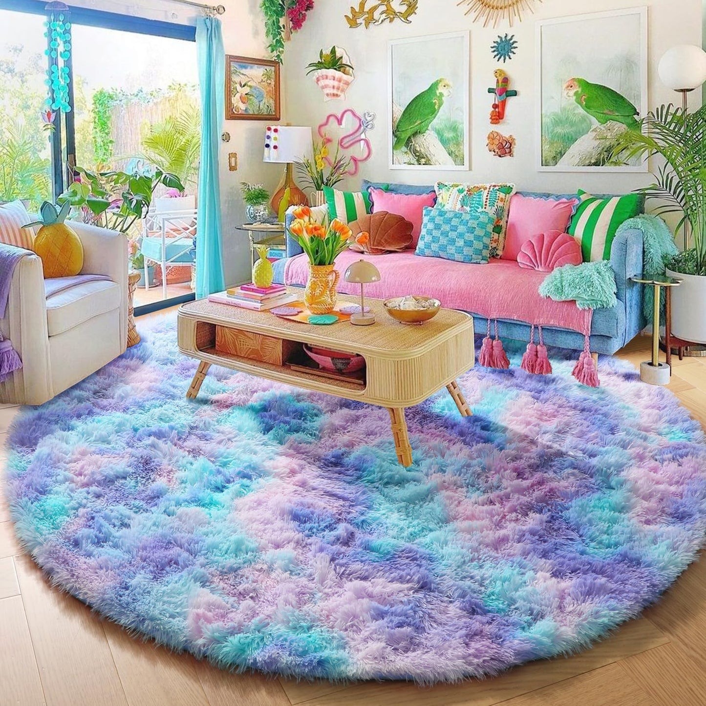 Amdrebio Purple Rainbow Round Rug 4Ft for Bedroom Girls Room Decor, Circular Mermaid Kids Rugs for Playroom Nursery Dorm, Fluffy Furry Cute Shag Carpet, Kawaii Circle Area Rugs for Baby Toddler Teen