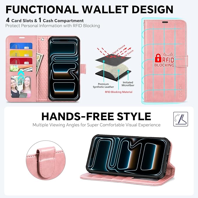 TUCCH 2-in-1 Detachable Wallet Case for iPhone 17 Pro (6.3-inch) 2025, RFID Blocking 4 Card Slots, Wireless Charging, Wrist Strap, Kickstand, Magnetic, PU Leather, Protective Flip Cover, Rose Gold