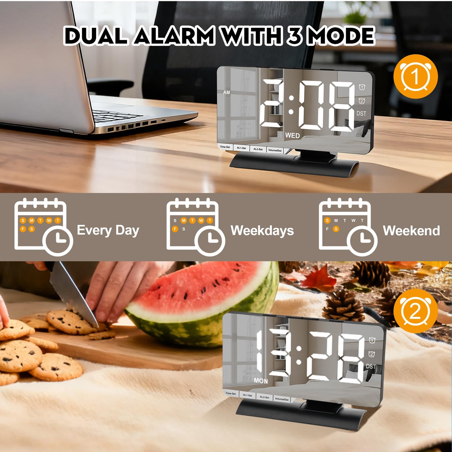 SZELAM Digital Clock,Alarm Clock Bedside,7.3'' Large LED Mirror with Date Display,Dual Alarm with 3 Mode,Brightnee Adjust,DST,Snooze Function,USB C Charging Port,5 Levels Volume for Desk Bedroom Teens