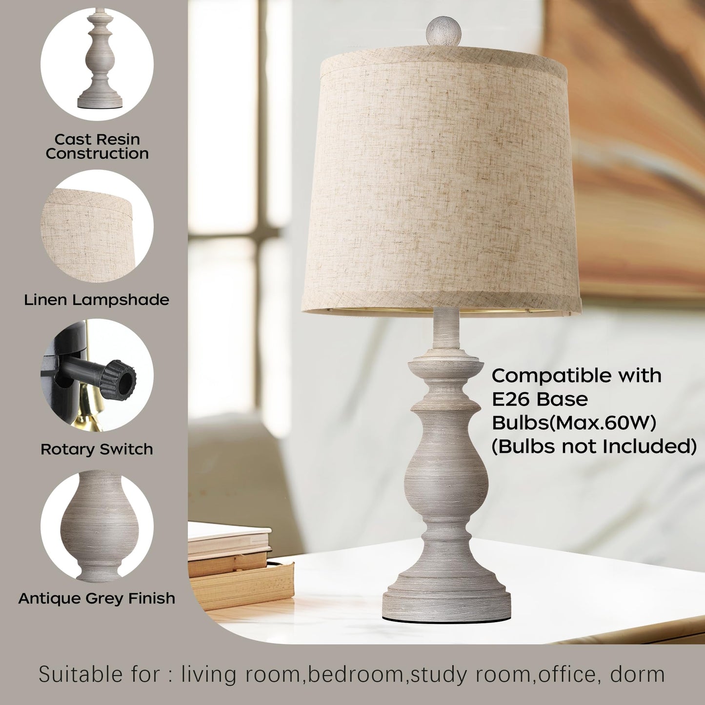 PARTPHONER Traditional Table Lamp Set of 2, Rustic Farmhouse Table Lamps for Living Room Bedroom, 22" Bedside Desk Lamps Vintage Nightstand Lamps with Linen Shades, Antique Grey