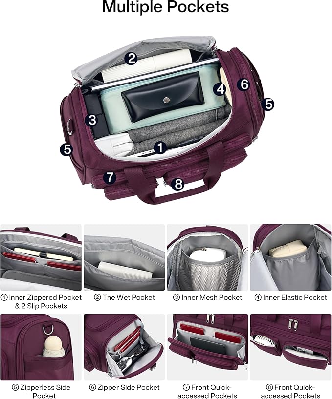MILADA Underseat Carry On Luggage Bags for Travel Lightweight Foldable Carry On Bags for Airplanes Small Duffle Bag for Men Women Personal Weekend Overnight Travel Tote Bags, Purple