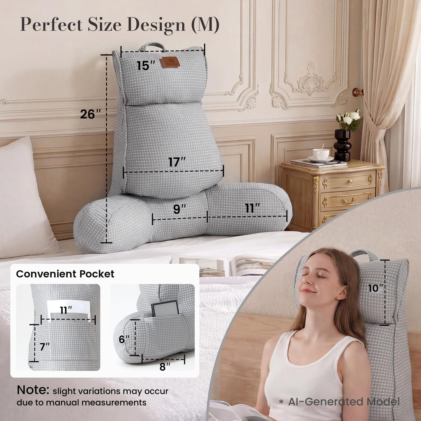 Amélie Home Cooling Reading Pillow with Arms for Adults, Breathable Waffle Fabric Bed Rest Pillow for Sitting Up, Ergonomic Back Support with Pockets for Gaming Relaxing, Cooling Gray, 25 Inches