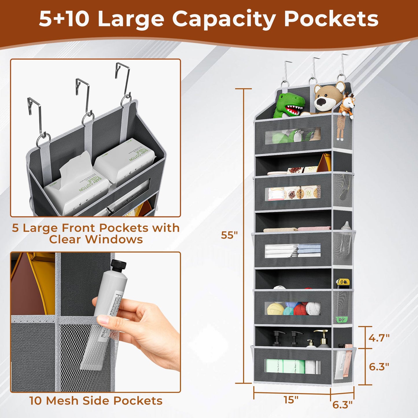 XyVoltic 2 Pack 5 Tier Over The Door Organizer - Large Capacity Behind Door Hanging Shelves with 10 Mesh Pockets and Clear Windows, Closet Organizers and Storage for Bathroom, Bedroom, Nursery, Grey
