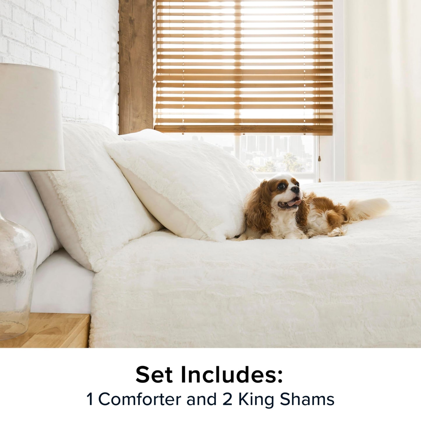 UGG King Size Comforter Set, Luxury Faux Fur Extra Soft King Comforter Set, Oversized Fluffy Reversible Cream Micromink Bedding with 2 Zipper Pillow Shams, Bedroom Decor, Snow White, Alondra