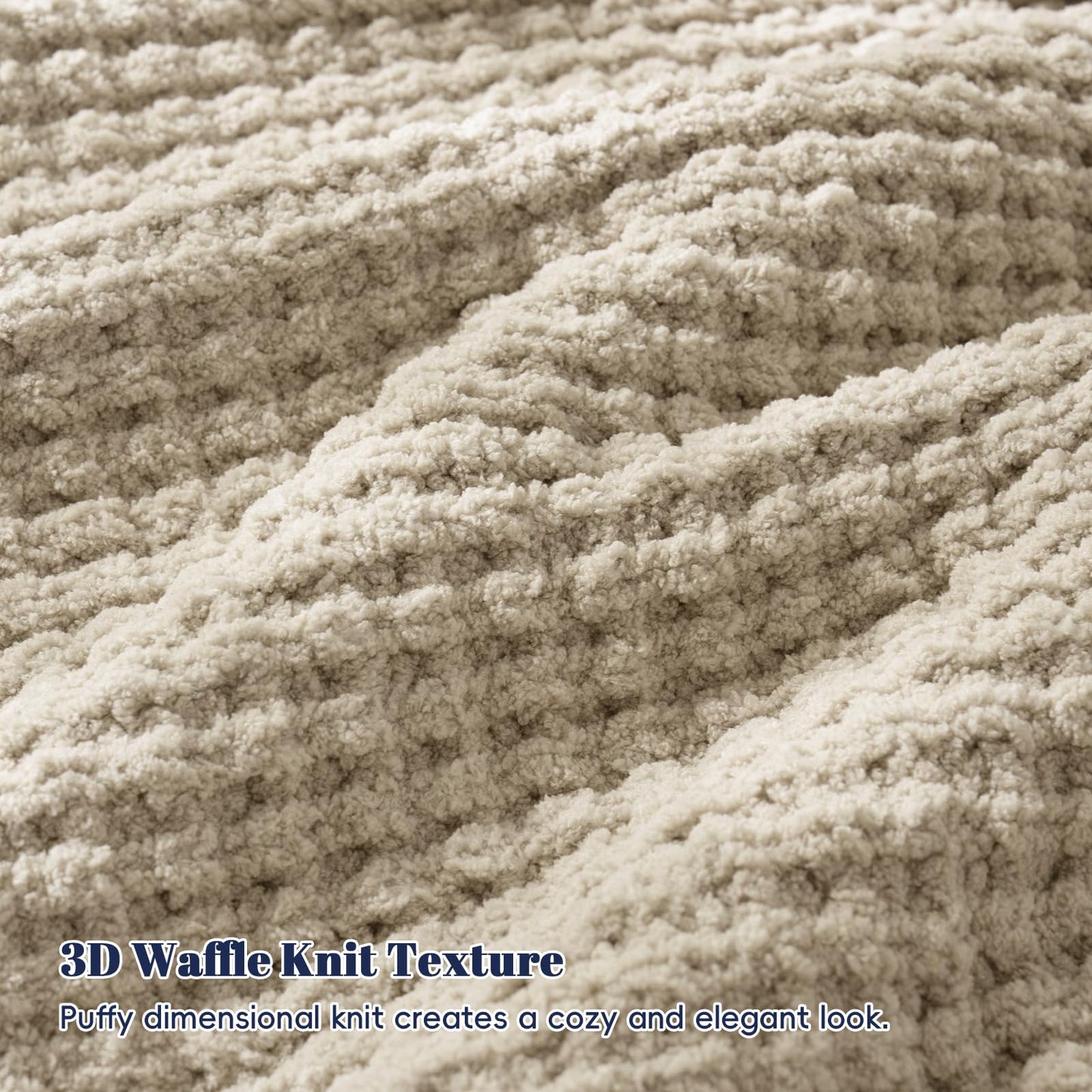 PHF Chenille Waffle Knit Throw Blanket- Plush Warm & Cozy 50" x 60" Ultra Soft Blanket- Chunky Fluffy Waffle Throws for Couch Bed Sofa - Natural