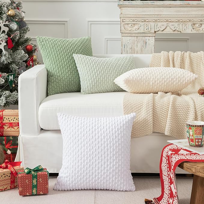 Kevin Textile Decorative Pillow Covers Soft Striped Velvet Throw Pillow Covers Set of 2 Cushion Cover for Chair 18 x 18 Inch Pure White