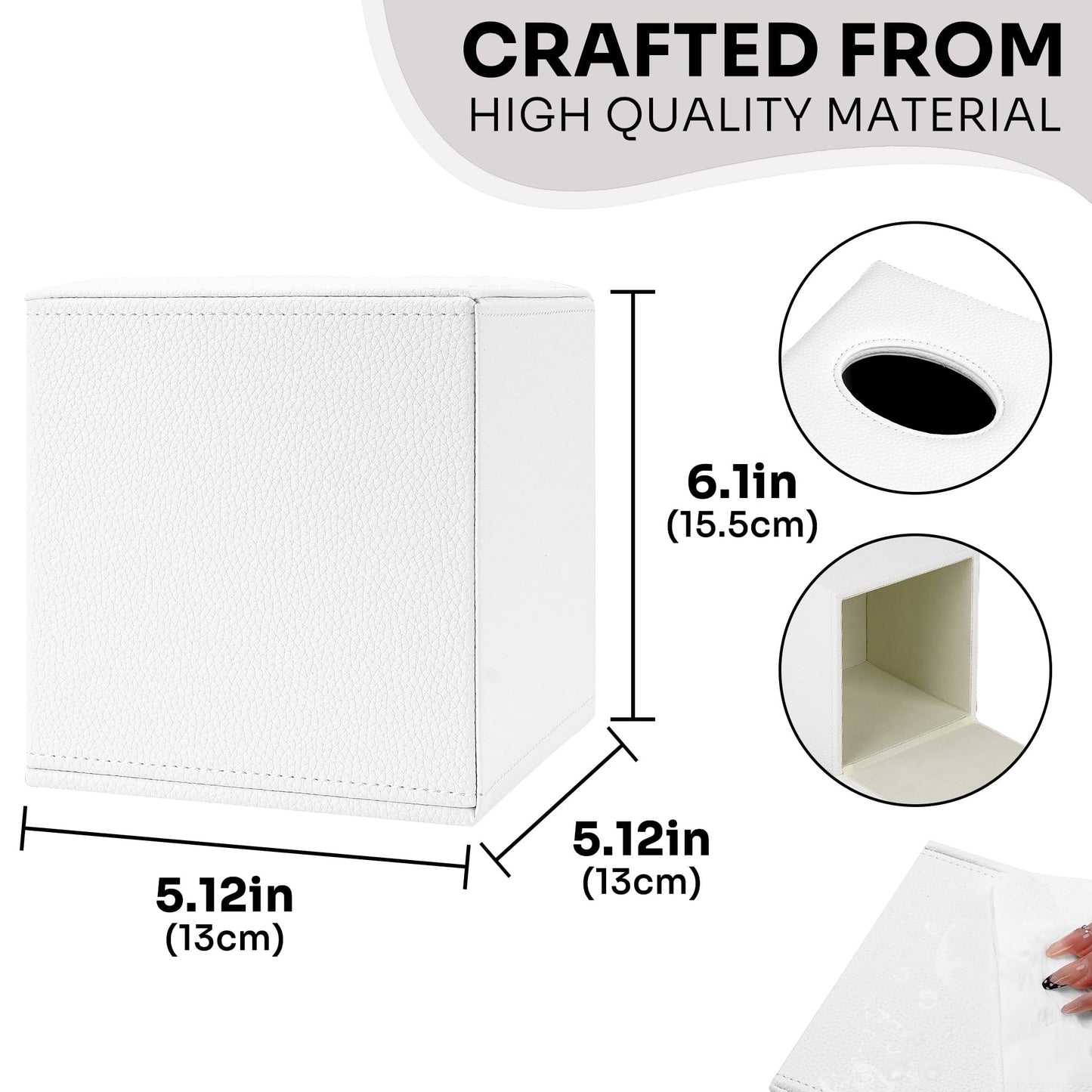 DODAMOUR Square Tissue Box Cover, White PU Leather Cube Holder with Magnetic Bottom, Sturdy MDF Structure Facial Tissue Dispenser for Bathroom Vanity Nightstand (White)
