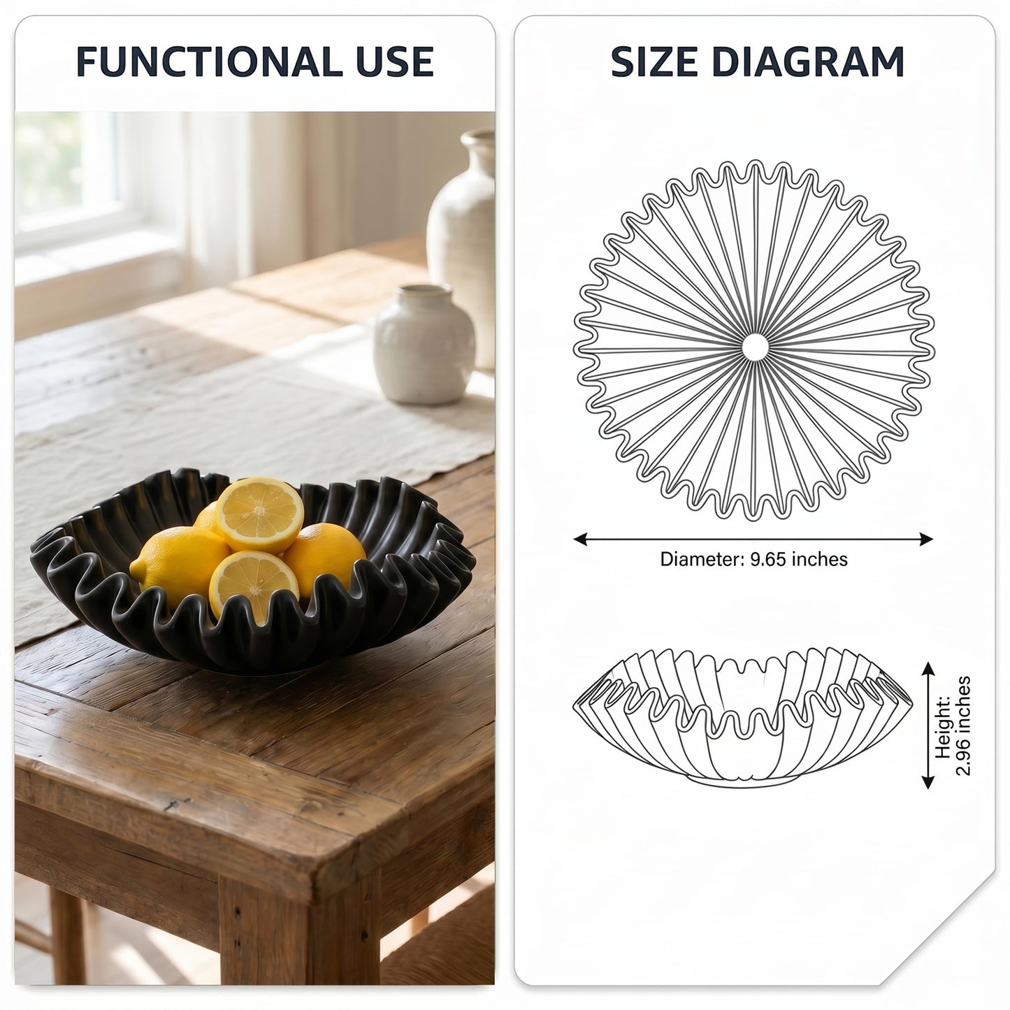 FESTGLOX Black Decorative Bowl, Decorative Fruit Bowls for Kitchen Counter, Resin Ruffled Bowls for Living Room, Modern Key Bowl for Entryway, Coffee Table Centerpiece