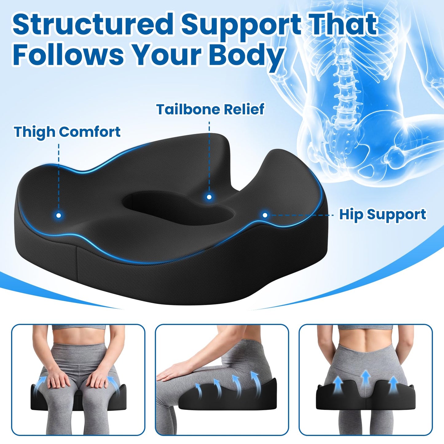 SweetSlubr Large Donut Pillow Seat Cushion for Hemorrhoid Discomfort&Tailbone Pressure, Office Chair Cushion for Long Sitting, Ergonomic Coccyx Pillow for Postpartum Pregnancy, Lifting Cushions, Black