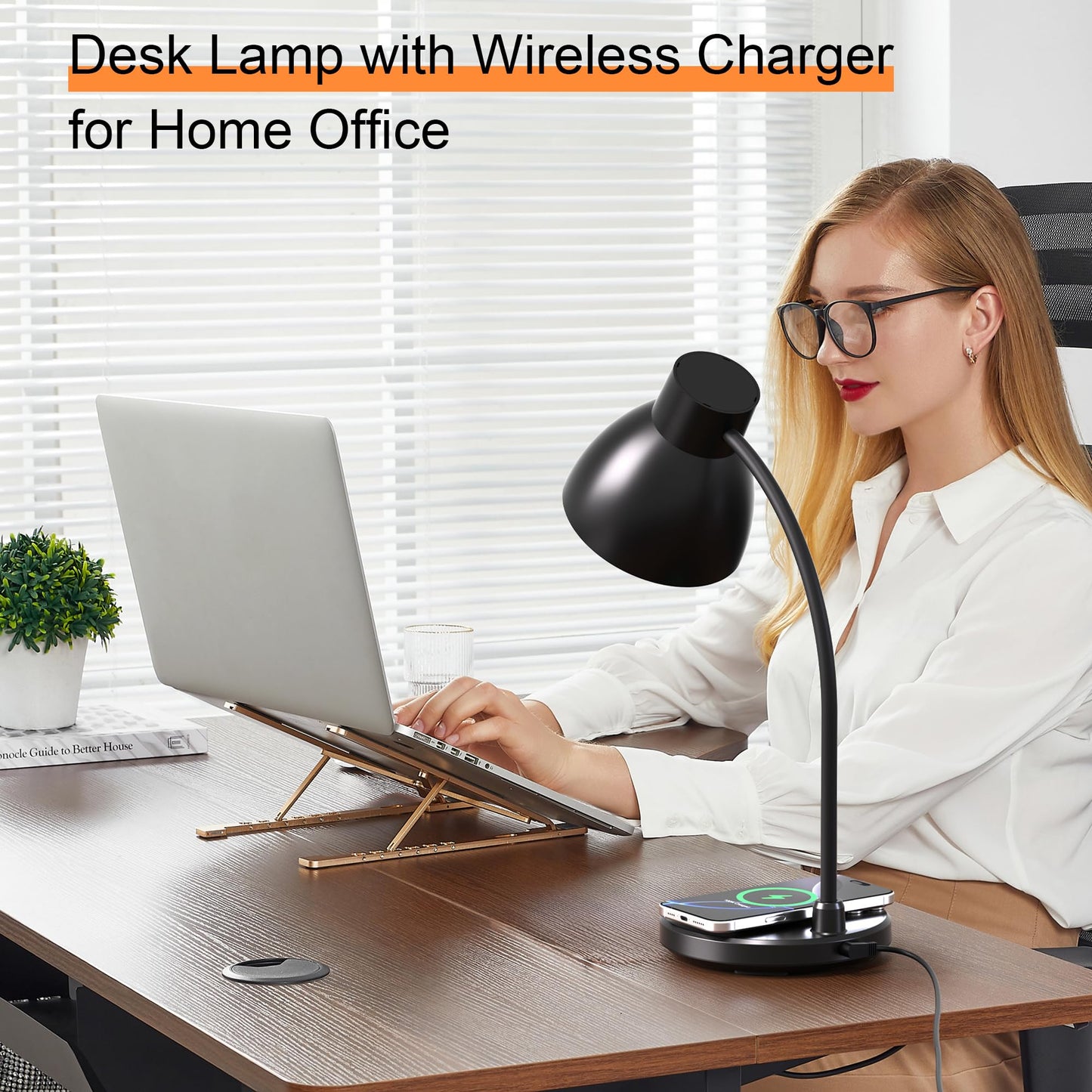 Vicsoon Desk Lamps for Home Office - LED Desk Lamp with Wireless Charger, 3 Color Modes Dimmable Eye-Caring Study Reading Desk Light, Small Flexible Arm Table Lamp for College Dorm Room Bedside, Black