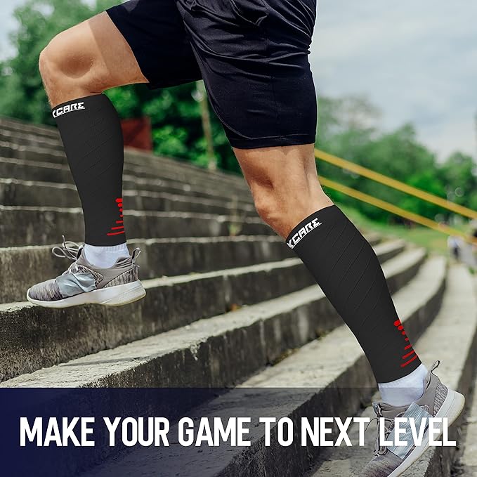 Thoxcare Calf Compression Sleeve for Men Women (2 Pairs), Leg Support Footless Compression Socks for Running - Shin Splint Varicose Veins Swelling & Pain Relief, Black/Red, Medium