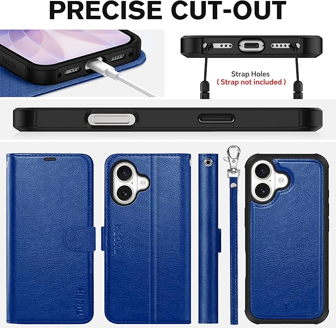 TUCCH 2-in-1 Detachable Wallet Case for iPhone 17 (6.3-inch) 2025, RFID Blocking 4 Card Slot | Wireless Charging | Wrist Strap | Kickstand | Magnetic | PU Leather | Protective Flip Cover | Klein Blue