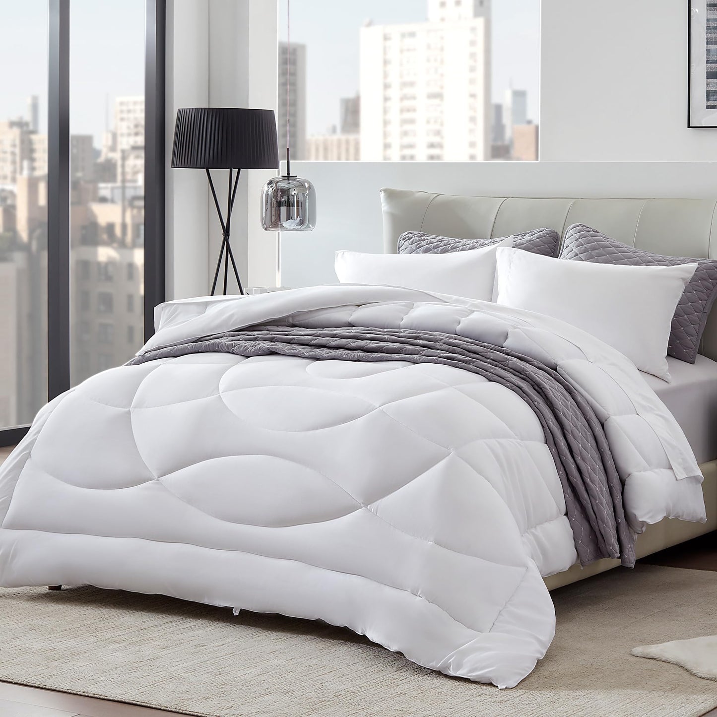 SLEEP ZONE Comforter Duvet Insert, King Size Quilted Reversible Comforters, Soft All Season Duvet, Down Alternative Breathable Bedding with 8 tabs, 2 Sides White 102 x 88 Inches
