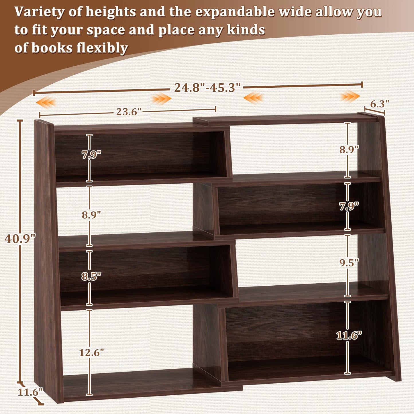 Armocity Expandable Bookshelf, Short Corner Bookshelf for Small Spaces, Small Ladder Book Shelf, Extendable Wood Narrow Bookcase for Living Room, Bedroom, 5 Tier, Black Walnut