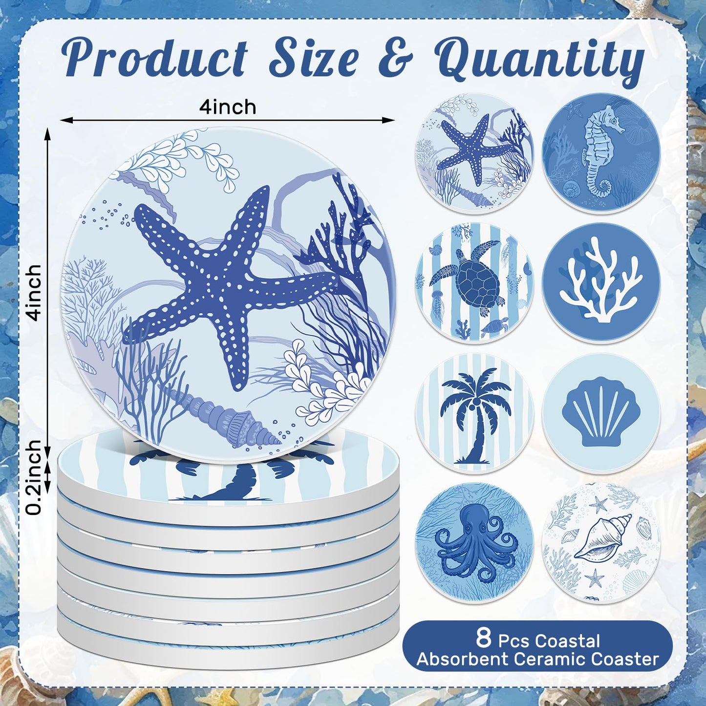 Remerry Coastal Coasters for Drinks Set of 8 Ceramic Stone Round Absorbent Coasters with Cork Base Beach Starfish Sea Ocean Life Decorations for Table Coffee Kitchen Bar Housewarming Gifts 4 Inches