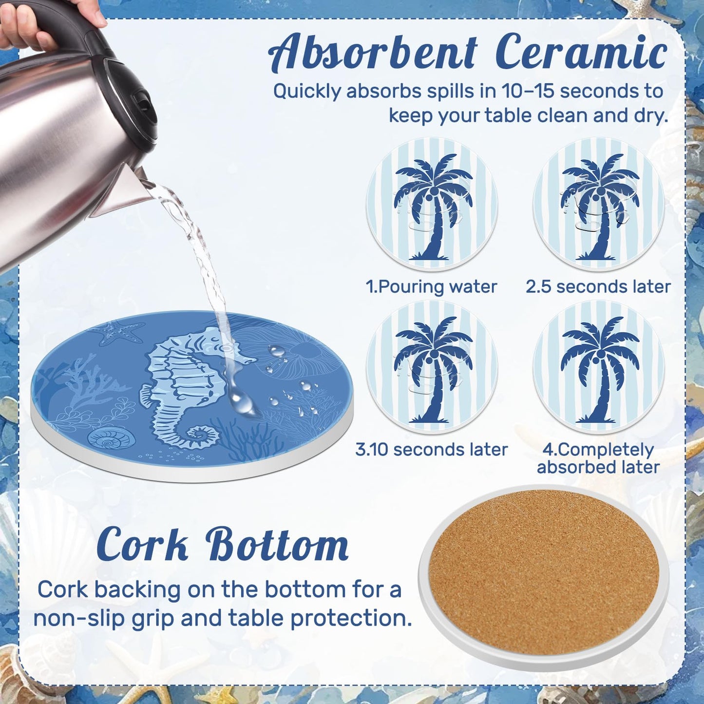Remerry Coastal Coasters for Drinks Set of 8 Ceramic Stone Round Absorbent Coasters with Cork Base Beach Starfish Sea Ocean Life Decorations for Table Coffee Kitchen Bar Housewarming Gifts 4 Inches