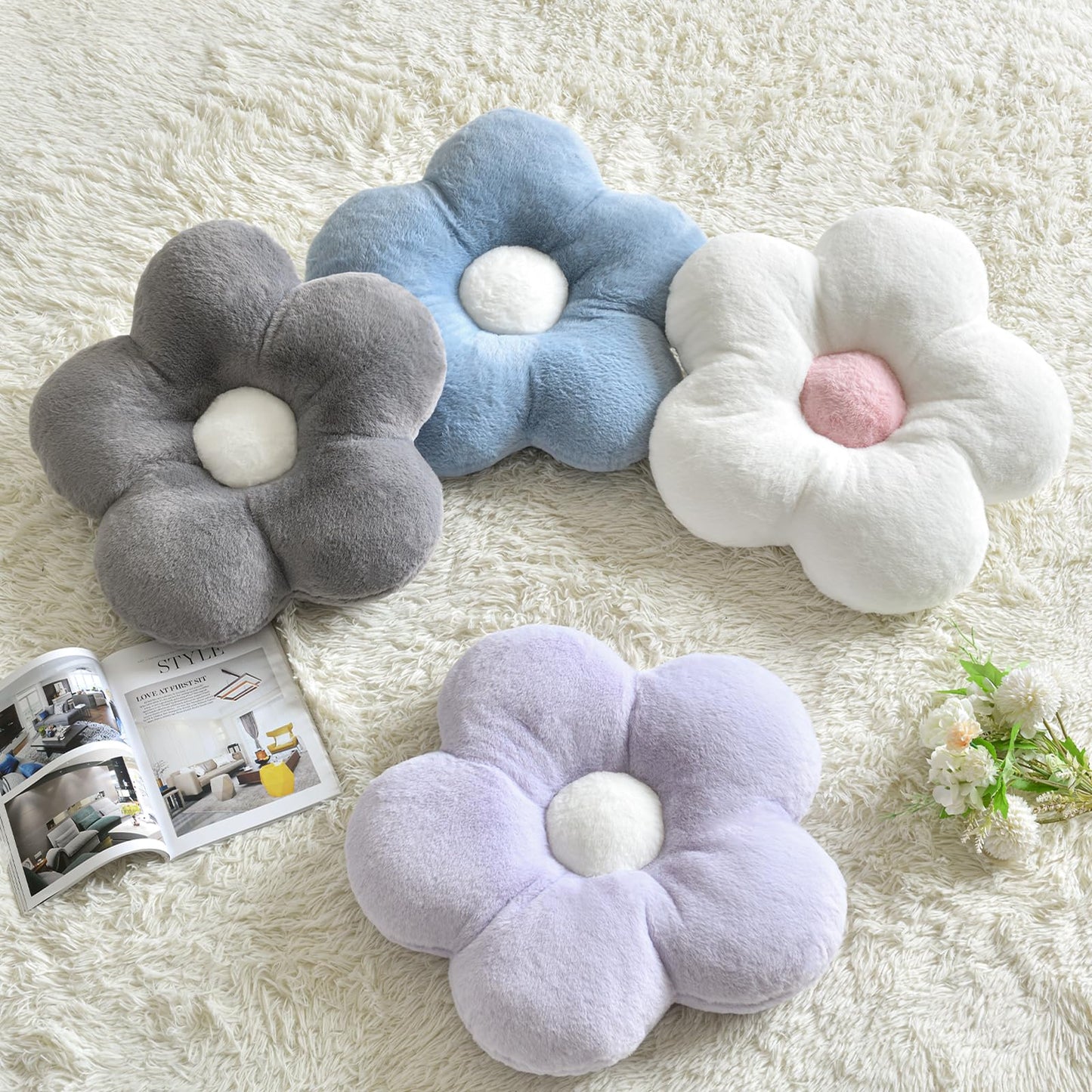 ZCNYCLAM Flower Pillows, Soft Flower Shaped Pillow with Home Decorative for Couch Chair Bed,Flower Floor Throw Pillows for Adults Bedroom Living Room (Grey Blue, 15 Inches)
