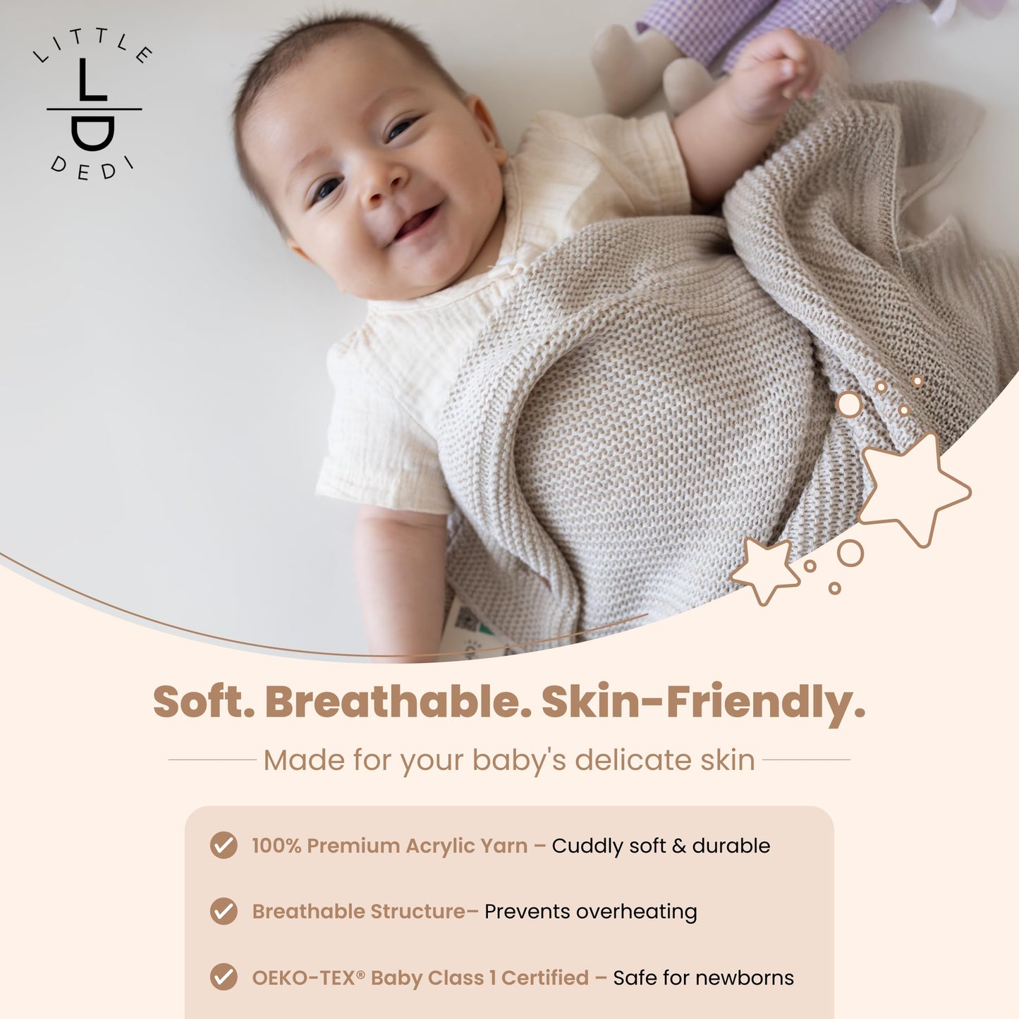 Little Dedi Soft Knit Baby Blanket 30x40 in, Stone – Oeko-Tex Certified, Breathable Swaddle & Receiving Blanket for Newborns, Crib & Stroller, Machine Washable