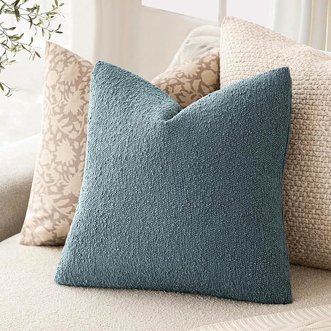 Foindtower Decorative Textured Boucle Throw Pillow Covers Accent Solid Pillow Cases Neutral Soft Cozy Couch Cushion Case for Chair Sofa Bedroom Living Room Home Decor 20x20 Inch,1PC,Misty Blue