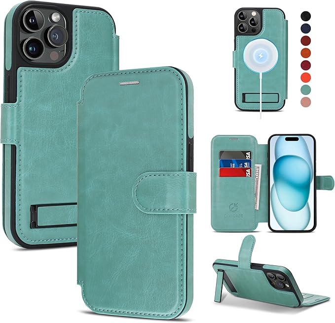 CIVICASE for iPhone 15 Pro Wallet Case with Stand,PU Leather Flip Credit Card Holder Slots (RFID Blocking),Compatible with Magsafe Magnetic Holder Phone Cover Women Men,Green
