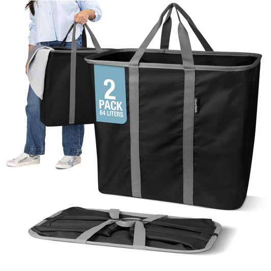 CleverMade Collapsible Laundry Caddy – Foldable Laundry Hamper & Tote, XXL 64L Pop-Up Laundry Basket with Handles, Space-Saving Laundry Organizer for Home, Dorm, Closet & Travel, 2 Pack - Black Gray
