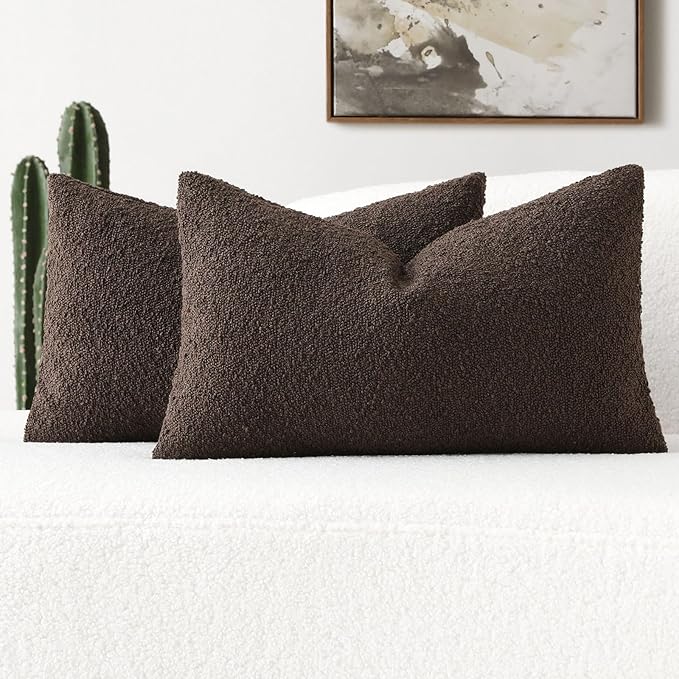 FUTEI Pack of 2 Dark Coffee Decorative Throw Pillow Covers 12x20 Inch Soft Cozy Solid Boucle Textured Lumbar Pillow Cases,Modern Home Decor for Couch Bed Living Room