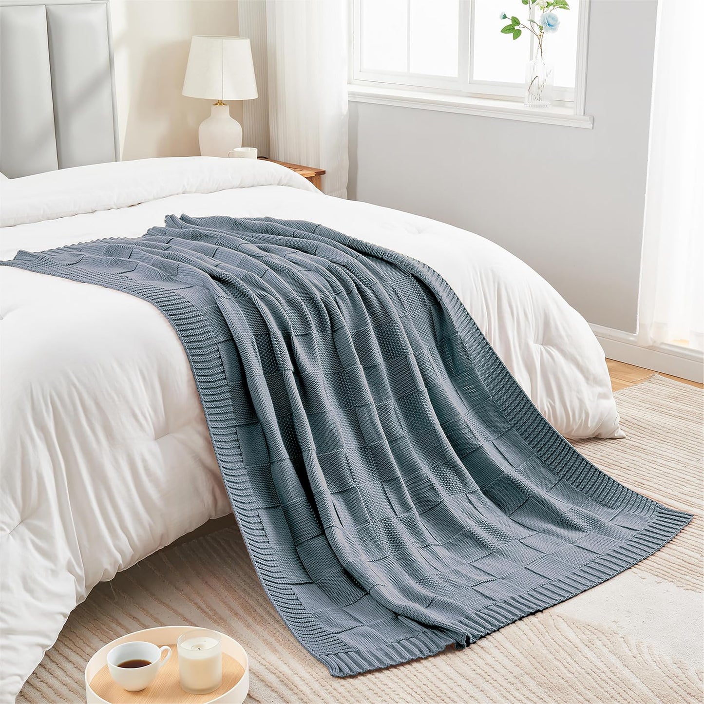 CozeCube Check Knit Throw Blanket, Dusty Blue Checkered Throw for Couch, Decorative Christmas Soft Cozy Warm Knitted Blanket for Bed Sofa Living Room, 50"X60"
