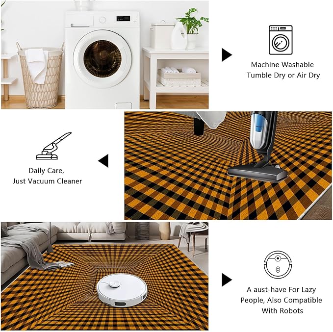 3D Rugs Optical Illusion - Plaid Rug 4x5, Geometric Stripes Soft Neutral Indoor Floor Mats Carpet, Non-Slip Stain Resistant Modern Orange Rug for Bedroom, Living Room Rugs