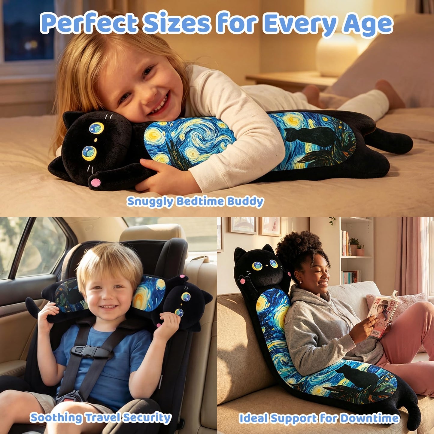 Mewaii Long Cat Plush 5 Sizes, 120% Extra Filling Giant Plushness Kids Body Pillow, Kawaii Cute Black Starry Cat Stuffed Animals Plushies, Big Long Black Cat Body Pillow Plush Gift for Girls 20”
