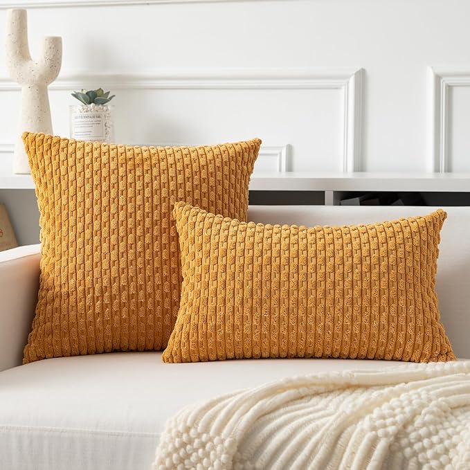 Kevin Textile Throw Pillow Covers Soft Corduroy Decorative Set of 2 Boho Striped Pillow Covers Pillowcases Farmhouse Home Decor for Couch Bed Sofa Living Room 16x16 Inch Golden Yellow