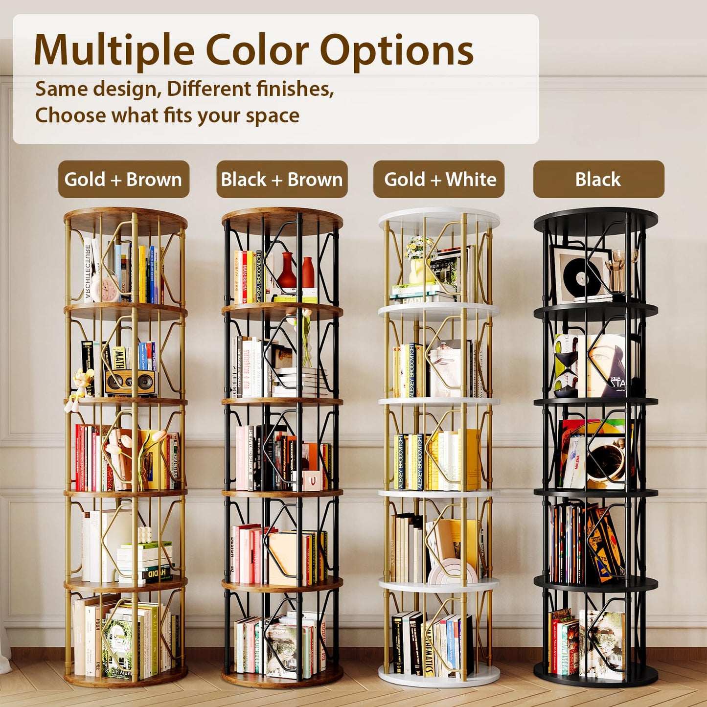 5 Tier Rotating Bookshelf Tower, Revolving Bookcase, 360° Round Spinning Book Shelf, Narrow Swivel Bookshelves Vertical Turning Corner Bookshelf Organizer for Bedroom, Living Room, Gold & White
