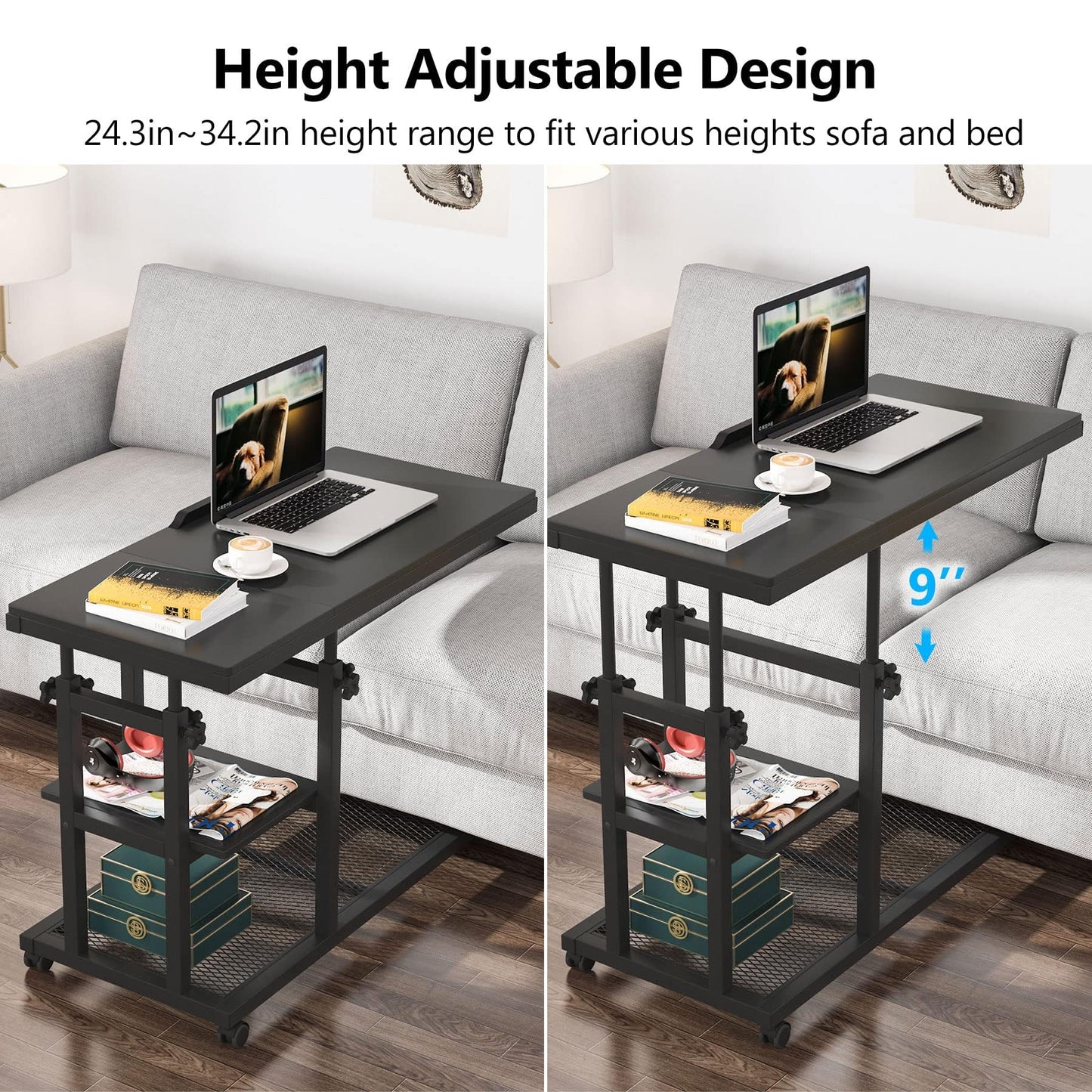 Tribesigns Height Adjustable C Table with Wheels, Mobile Couch Snack Side Table with Tiltable Drawing Board, Sofa Bedside Laptop Stand C Shaped TV Tray with Storage Shelves (Black)