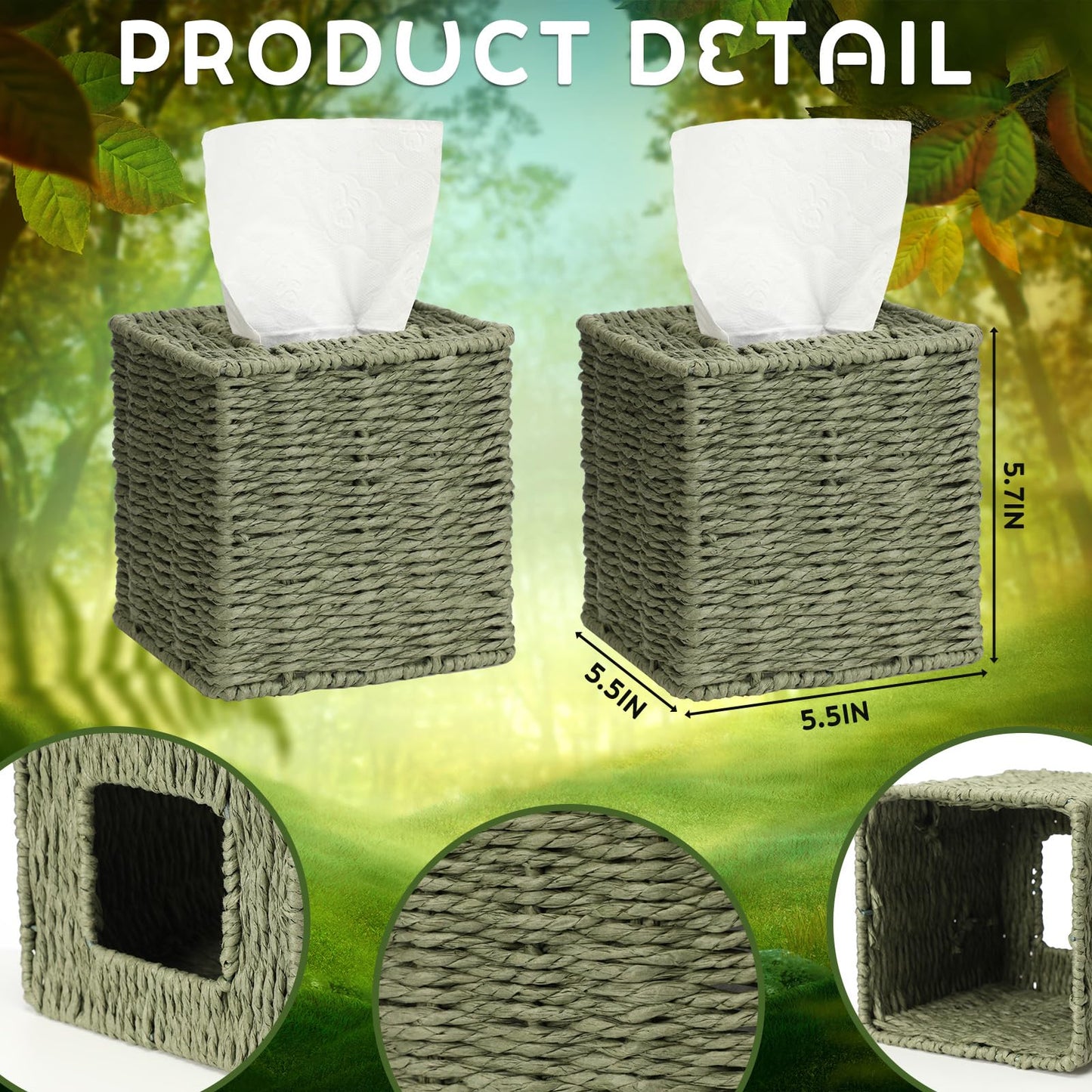 Thyle Sage Green Tissue Box Cover 2 Pack, Boho Hand Woven Paper Rope Square Tissue Box Holder, Decorative Cube Napkin Organizer for Bathroom, Bedroom, Living Room, Desk & Office
