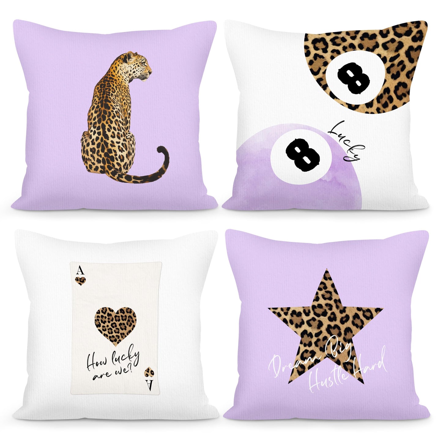 SYLLHRZGB Preppy Purple Cheetah Print Leopard Throw Pillow Covers 18x18 Set of 4, Funky 8 Ball Decor Decorative Pillow Cover Cases, Trendy Y2k Decor Cushion Cover Pillowcases for Couch Bedroom Dorm