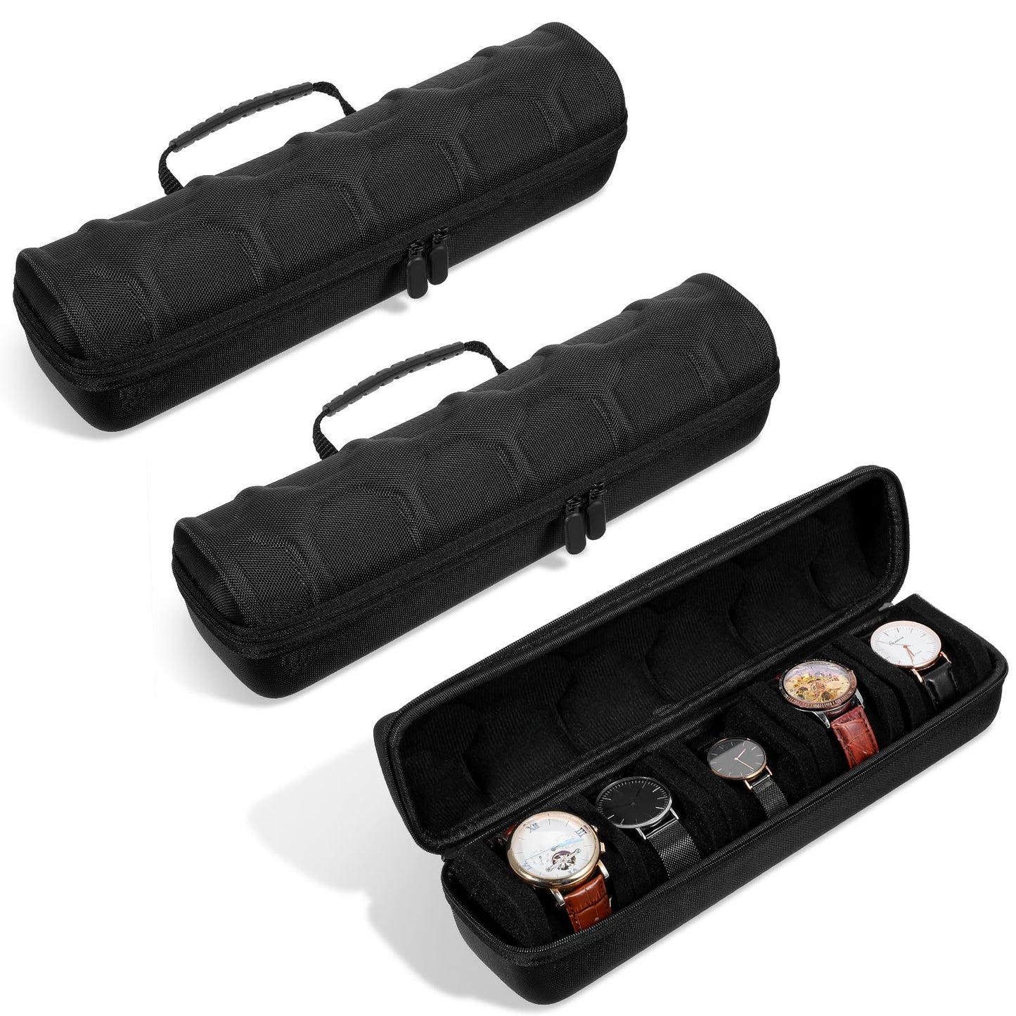 Ubamdom 2 Pcs 5 slots Hard men's watch travel case, Portable zipper storage organizer box with soft compressible foam pillow to fit large and small watchesBlack