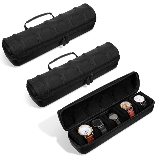 Ubamdom 2 Pcs 5 slots Hard men's watch travel case, Portable zipper storage organizer box with soft compressible foam pillow to fit large and small watchesBlack