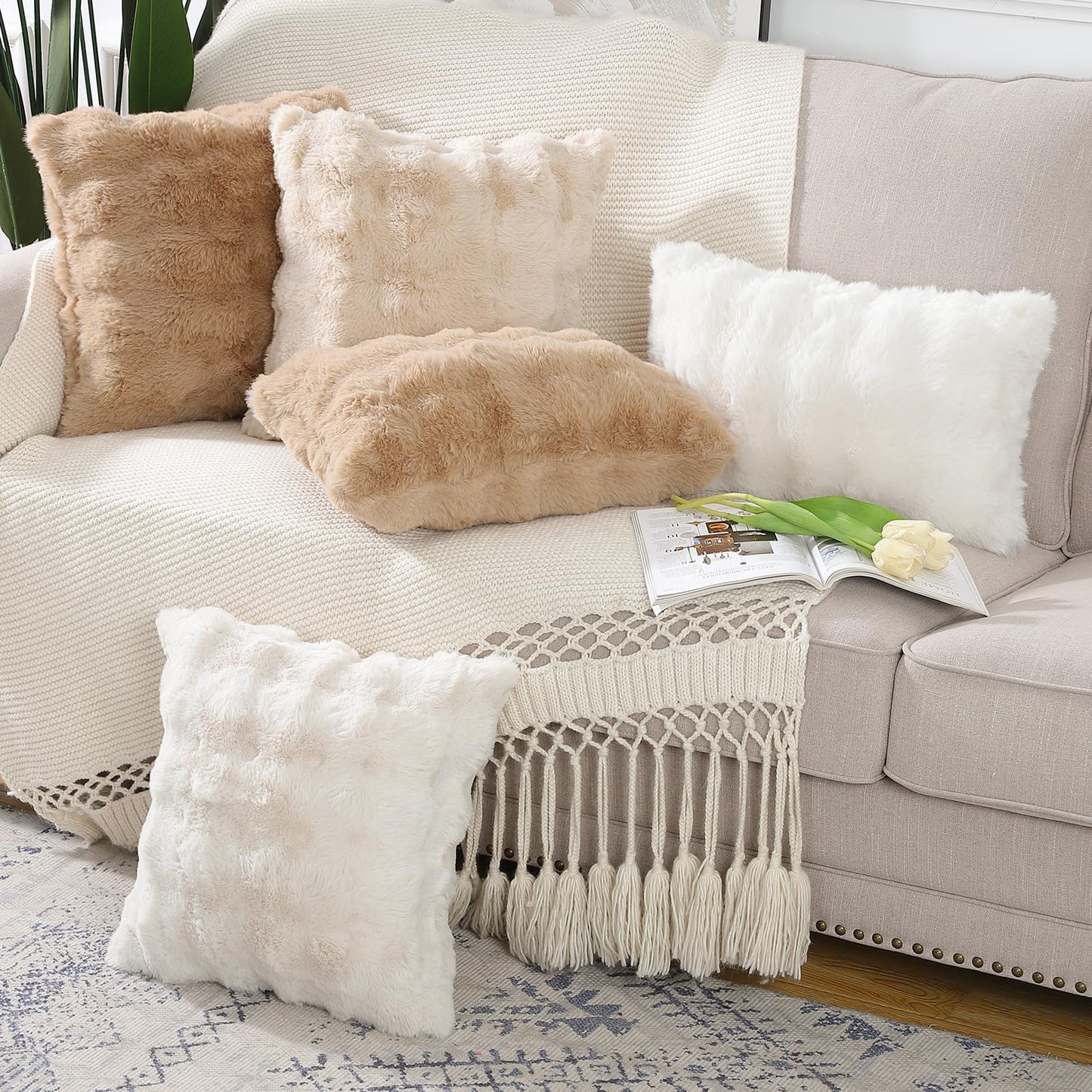 MADIZZ Pack of 2 Thick Plush Faux Wool Throw Pillow Covers Soft Boho Throw Pillows Luxurious Cushion Covers for Couch Sofa Bedroom Living Room Home Decor 18x18 Inch Cream