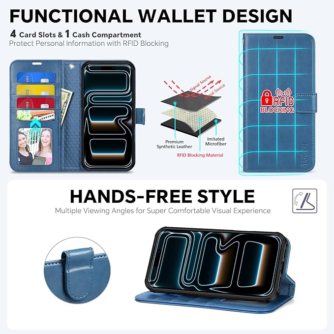 TUCCH Detachable Case Wallet for iPhone 17 Pro (6.3") 2025, Wrist Strap | 4 Card Slots RFID Blocking | Wireless Charging | Stand | 2-in-1 Magnetic | PU Leather | Shockproof Folio Cover | Light Blue