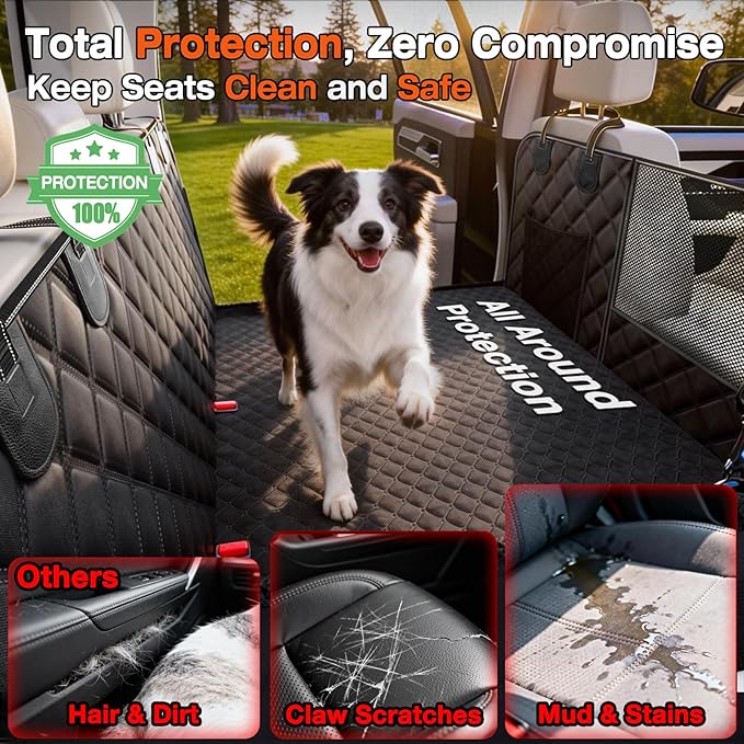 Doglike Dog Car Seat Cover for Back Seat [with Detachable Mat], Hard Bottom Dog Hammock for Car, Pet Bed Extender for 2-4 Large Dogs, Waterproof Seat Protector, XL Size Fits for Crew Cab Truck/SUV, BK