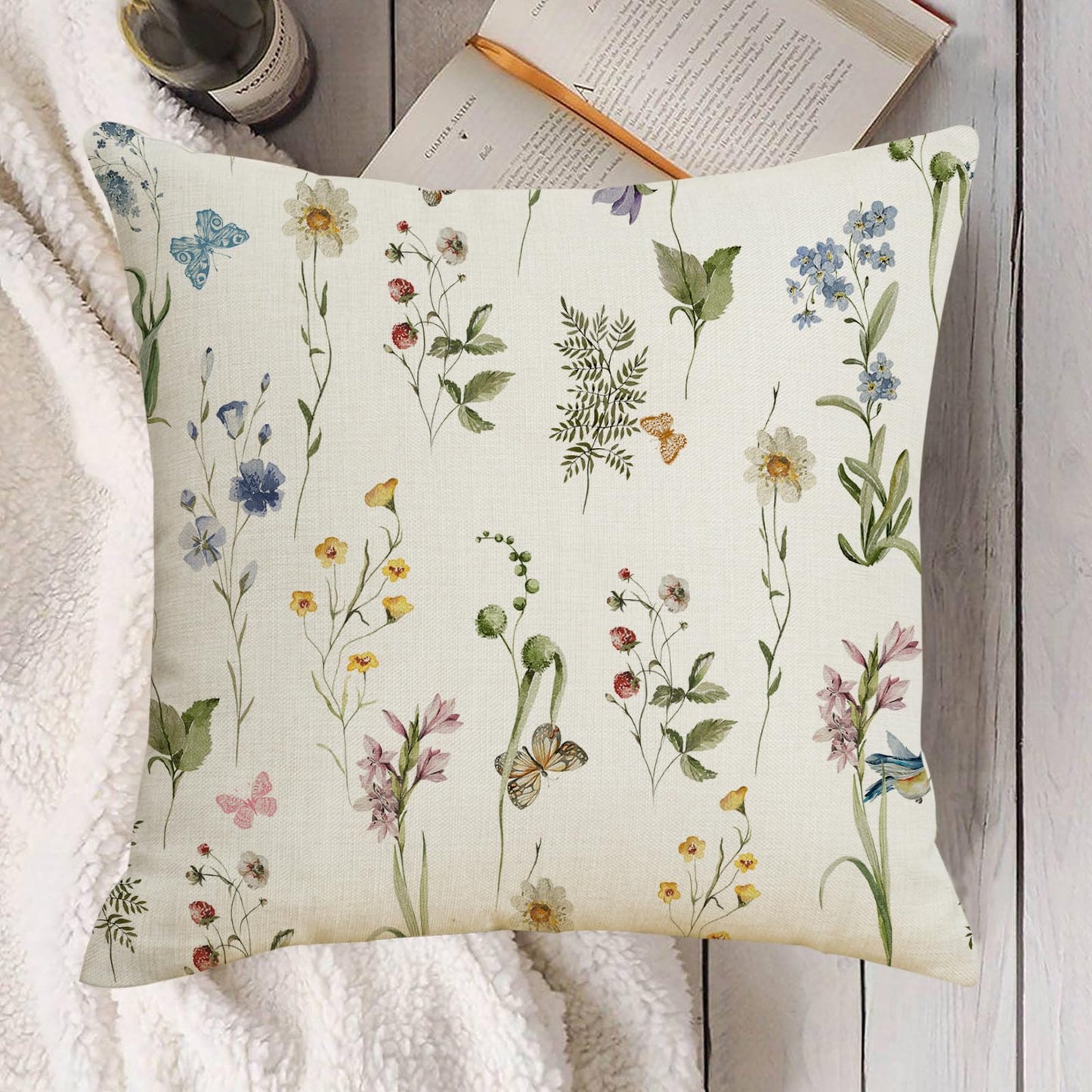 FJWMZ Spring Summer Floral Pillow Covers 18x18 Inch Sage Green Wildflower Leaf Herbs Throw Pillows Cover Set of 2 Outdoor Farmhouse Plant Linen Decorative Square Pillowcase for Couch Bed Sofa Decor